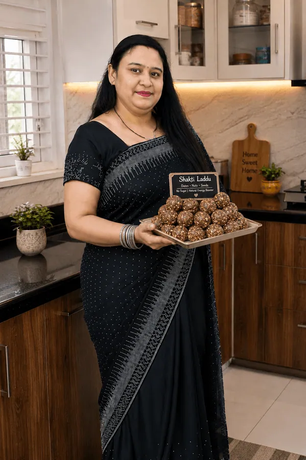 Cherry Bansal holding a tray of homemade Shakti Laddu in her Kotkapura kitchen