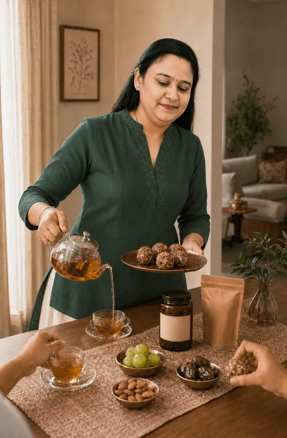 Cherry Bansal serving homemade laddu and herbal tea to her family